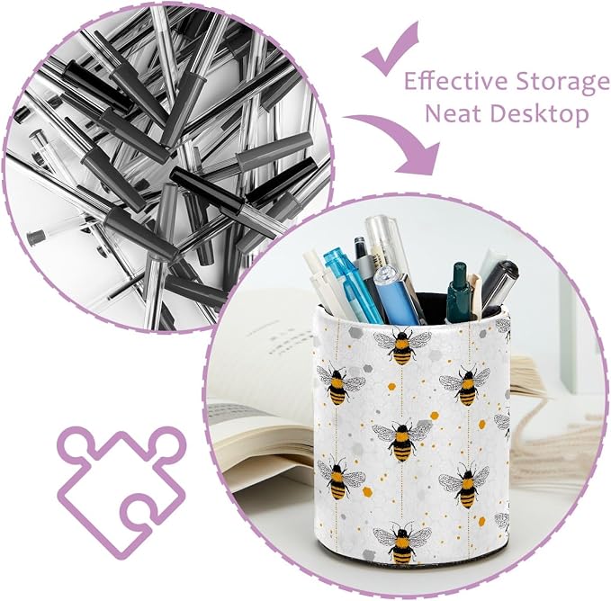 Leather Pen Holder for Desk, Bees Pencil Cup Pen Organizer Makeup Brush Holder for Office Home Kids Countertop Desk Accessory Storage