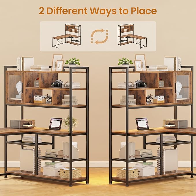 SEDETA L Shaped Computer Desk with Storage Shelves, Bookshelf, Rustic Brown | 58'' Reversible Office Desk with LED Light, Glass Door Cubby, L Shaped Corner Desk for Gaming, Two Monitors, Small Space