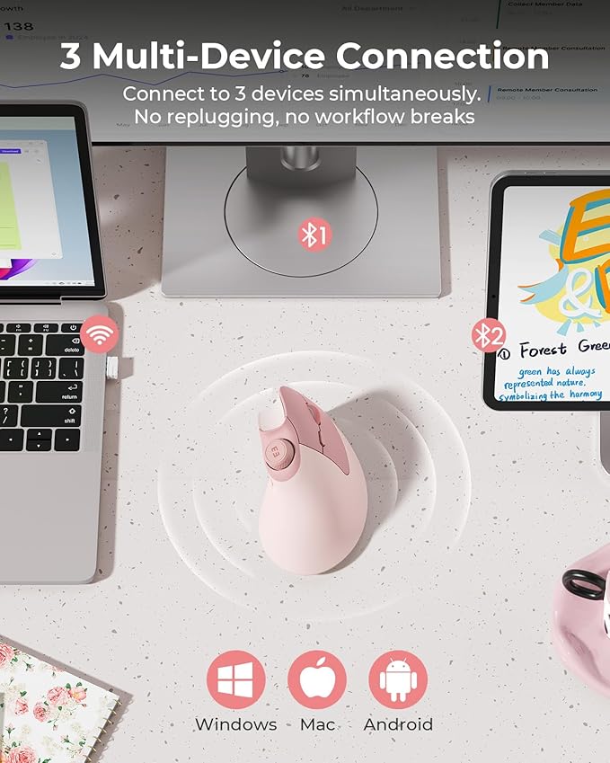 seenda Ergonomic Mouse Wireless, MOU-302 Bluetooth Vertical Mouse Rechargeable, Optical Mice with 1000/1600/2400 DPI, Volume Knob, 3 Multi-Device Connectivity for Computer/PC/Laptop/Mac, Pink