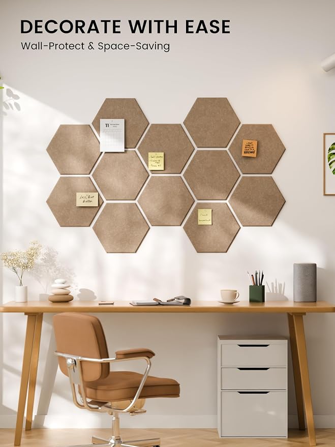 Fluxynara 12-Pack Hexagon Felt Bulletin Board Tiles, Taupe | Cork Board Alternative with 60 Adhesive Tabs for Notes, Photos and Reminders in Home Offices, Dorm and Classrooms