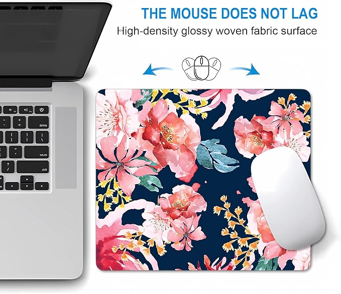 Square Mouse Pad Pink Flower, Personalized Premium-Textured Small Mousepad, Washable Mouse Mat Design Decor Gifts, Non-Slip Rubber Base Computer Mouse Pads Cloth, Watercolor Rose on Blue