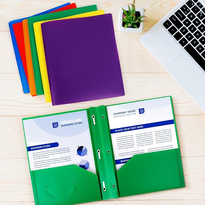 72-Pack Plastic Folders with Pockets and Prongs,2-Pocket Folders with 3 Fasteners, Holds 8-1/2" x 11" Paper for School/Office/Home, Green