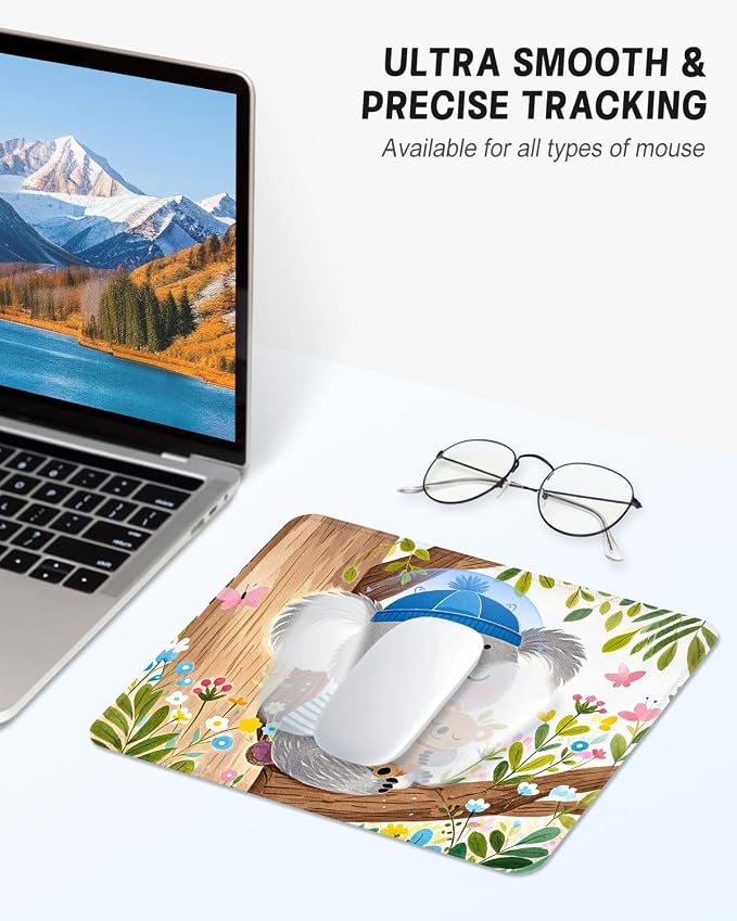 Mouse Pad, Cute Mouse Mat, 10" x 8", Cute Koala and Bear | Square Waterproof Gaming Computer Mat, Textured Top, Stitched Edges, Non-Slip Rubber Base for Office Home Laptop Keyboard