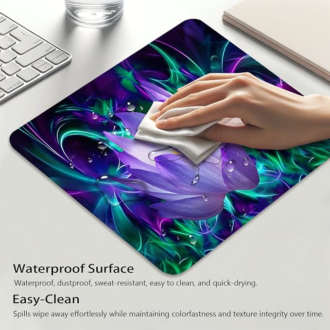 Abstract Neon Lotus Painting Mouse Pad, Glowing Flowers Blossom Desk Mat | Modern Floral Purple Design Art, Cute Mousepad Stitched, Anti-Slip Base Smooth Surface, 9.5 x 7.9 Inches