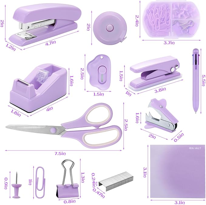 Purple Desk Accessory Kit Cute Office Supplies Set Desktop Stapler Set Includes Staple Remover Hole Punch Tape Dispenser Ballpoint Pen Scissor Mini Box Cutter Tape Measure Paper Clips Sticky Notes