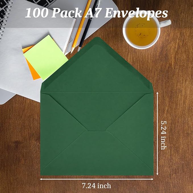 100 Pack Dark Green A7 Envelopes, Christmas Greeting Card Envelopes Self Seal, 5.24 x 7.24 in Envelopes for Birthday Graduation Baby Shower Wedding Invitation Cards