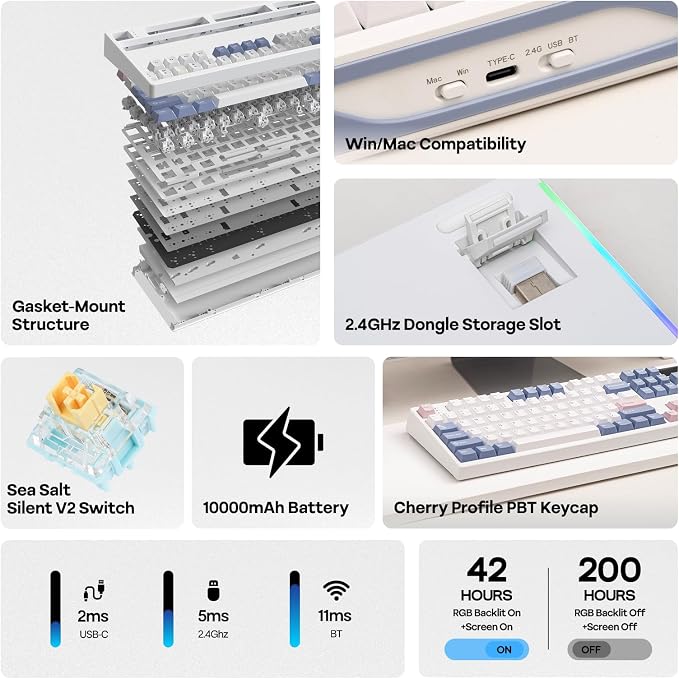 EPOMAKER TH108 PRO Full Size Mechanical Keyboard with Screen & Knob | Wireless Gaming Keyboard with 10000mAh, Creamy Gasket, Hot Swap, Custom Driver, RGB Backlight (White, Sea Salt Silent)