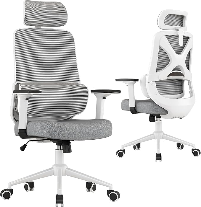 High Back Ergonomic Desk Chair with Adjustable Lumbar Support and Headrest Home Office Desk Chair with flip-up Armrests for Home, Office, Gaming, Student（White）