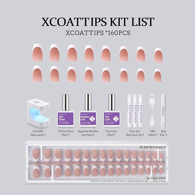 BTArtboxnails XCOATTIPS Gel Nail Kit - Short Coffin French Tip Press on Nails Kit, Brown Soft Gel Nail Tips with Nail Gel, French Protecing Duo and Nail Lamp for Gift Home DIY