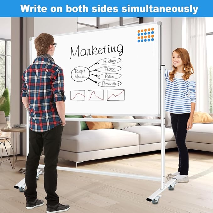 Double-Sided Mobile Whiteboard 48 x 36, Rolling Magnetic Board With Stands, Dry Erase on Wheels, Large White Board With 1 Eraser, 4 Markers and 20 Magnets