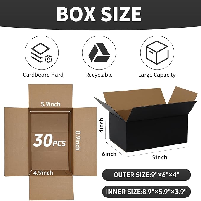 9x6x4 Inch Medium Shipping Boxes 30 Pack, Black Corrugated Cardboard Box, Mailing Packaging Boxes for Small Business