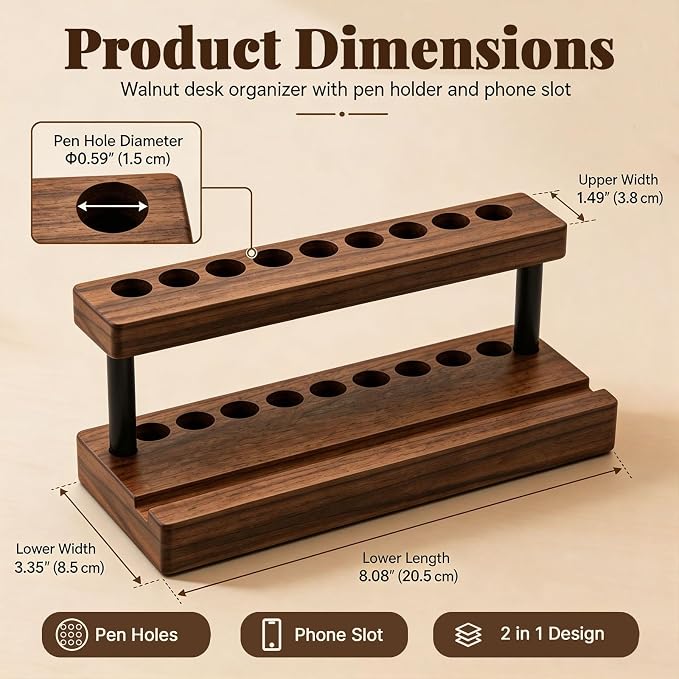 Pencil & Pen Holder for Desk, Solid Walnut Pen Display Stand with 9 Slots and Cell Phone Holder, Aesthetic Pen Organizer for Minimalist Office Desk Decor