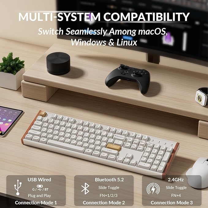 Keychron K10 HE Hall Effect Keyboard Wireless, Magnetic Switch Hot Swappable, Adjustable Actuation Rapid Trigger Mode with Aluminum + Wood Frame, Full-Size Custom RGB for Mac Windows Linux - White