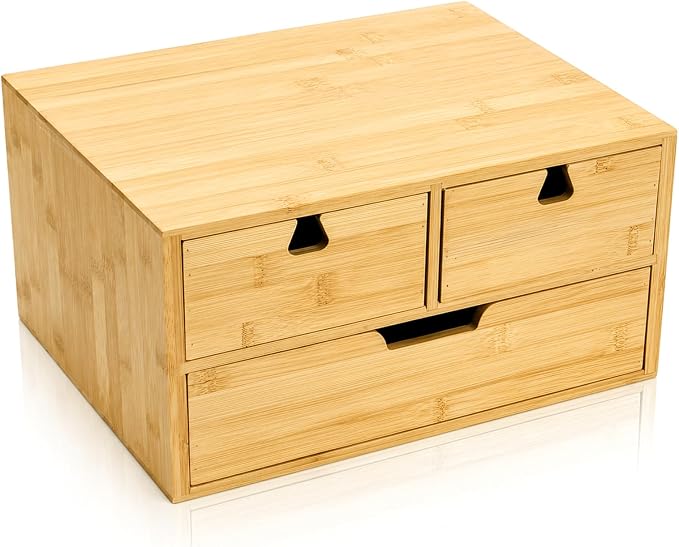 Bamboo Desk Organizer, 100% Natural Bamboo Desktop Drawer Organizer, Tabletop Storage Cabinet Organization Box with 3 Drawers for Home Office Supplies, Makeup, Letter, 2-Layer, Fully Assembled