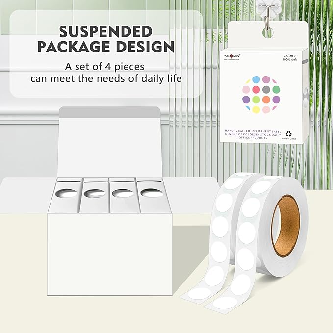 PARLAIM 4000 Pack White Dot Stickers, 1/2 inch Round Circle Label 4 Rolls Permanent Adhesive Color-Code Sticker Labels in Dispenser Box