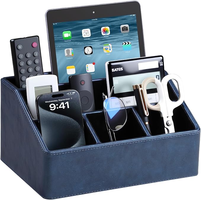 PU Leather Desk Organizer, Remote Control Holder, Dark Blue | Luxury Nightstand Organizer for Home, Office Desk Accessories, Bedside Table Caddy with 5 Compartments, Velvet Lining