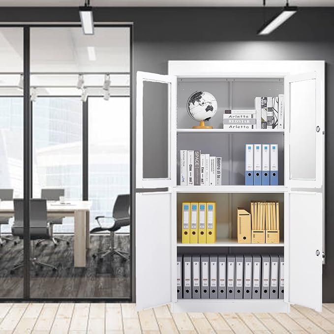 Storage Cabinet with Glass Doors and Shelves, Freestanding Kitchen Pantry Cabinet for Home, Office, Bathroom