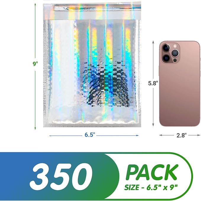 Glamour Metallic Bubble Mailers 6.5 x 9 Inches Hologram, 350 Pack Padded Envelopes for Shipping, Mailing, Packaging Protection