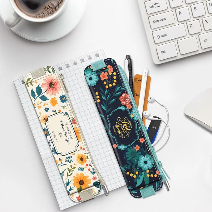 FINPAC 2-Pack Elastic Pen Holder for Notebook Leather Pen Holder | Stationery Zipper Bag for Pencils, Pen Pouch with Elastic Band for Bible Journaling, Planners, Tablets, Apricot & Navy