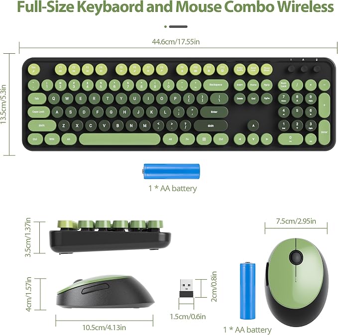 Wireless Keyboard and Mouse Set, Retro Typewriter Dark Green | 1600DPI Full Size With Number Pad & Mouse,Compatible With All Windows,Ideal For Computer, PC, Notebook, Laptop