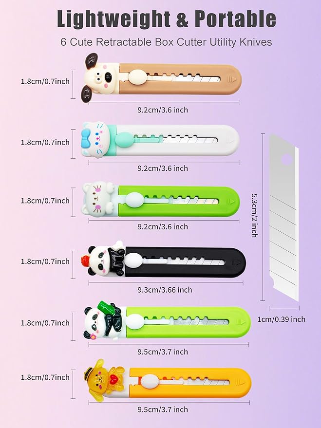 6 Pack Box Cutter Retractable, Sharp Utility Knife Retractable, Cute Box Cutters for Office, Home, Arts Crafts, Cartons, Cardboard Multi-Colors