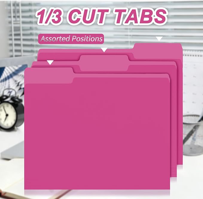 100 Packs Pink File Folder,1/3-Cut Tabs,Manilla File Folders Letter Size,8.5x11 Heavy Duty Paper File Folders for Office Filing,School Projects and Home,Organizer Documents