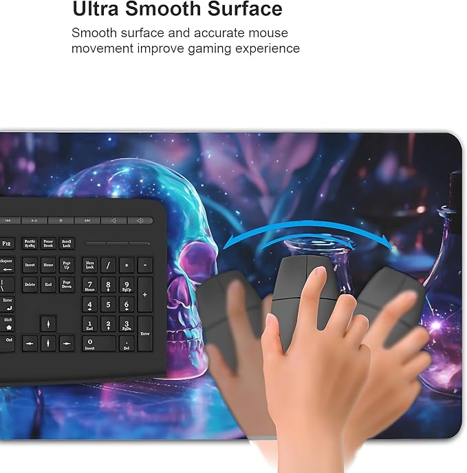 Aesthetic Skull Gaming Mouse Pad, Deep Blue Cyber Desk Mat with Anti-Slip Base & Stitched Edges,35.4" x 15.7" in Table Mat for Computer Desktop, Beautiful Workstation Decor