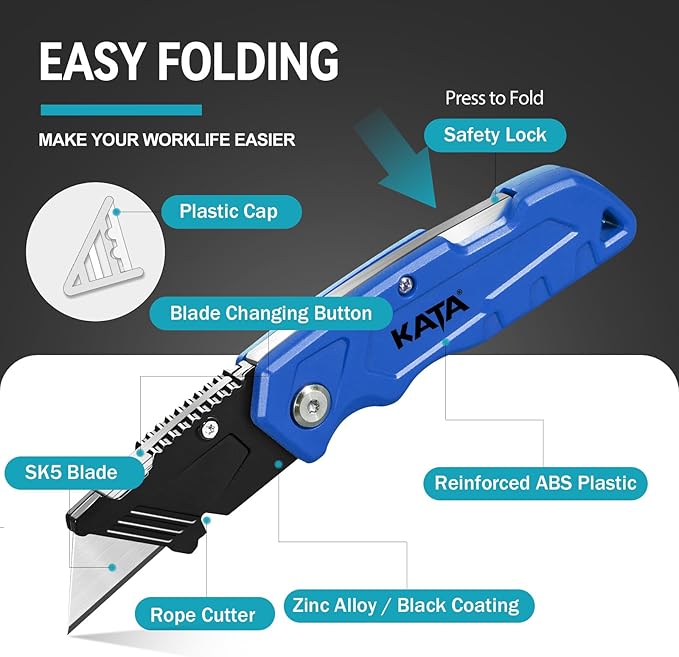 KATA Folding Box Cutter Knives - Heavy Duty Utility Knife Box Cutters with Extra 10pcs Razor Blades - 2-Pack Pocket Knife Plastic Cardboard Opener Tool - Used for Cutting Cartons, Boxes (Orange/Blue)
