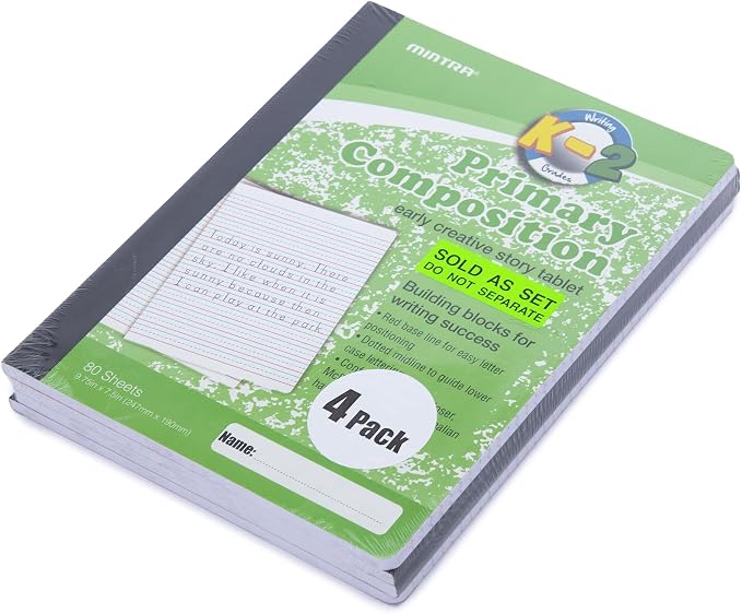 Mintra Primary Composition Notebook, 24 units 6-4 Pack, Assorted Colors, 80 Sheets, 7.5in x 9.75in, Full Sheet, Ruled with Drawing Area, Flexible Hardcover Journal, Grades K-2, School & Home Use
