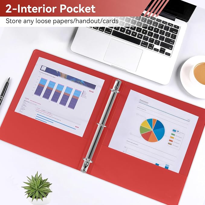 SUIN 1 Inch 3 Ring Binder, Clear 1'' View Presentation Binders with 2 Pockets, Fits 8.5 x 11 Letter Size, Durable Polypropylene, Non-Stick & PVC-Free for School, Office & Home (Red)