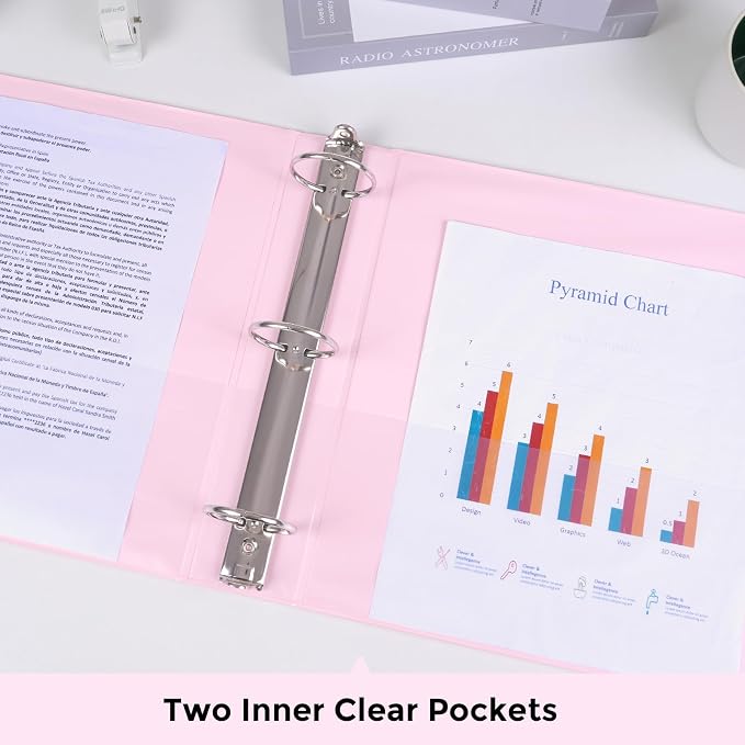 SKYDUE 3 Ring Binder 2 Pack, 2 Inch Clear View Binders with 2 Interior Pockets（Fit 8.5x11 Inches, Round Ring Binder for Office & School Supplies Organize, Pink and Purple