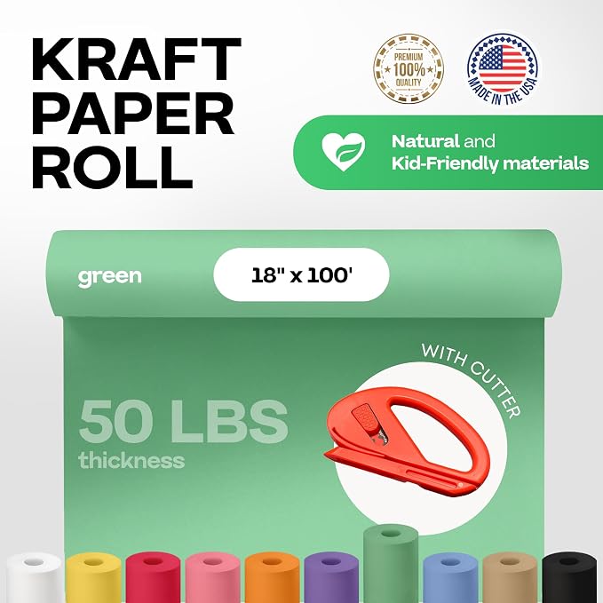 Green Kraft Paper Roll 18" x 1200" (100 feet) with Cutter - USA-Made Gift Wrapping Paper for Packing, Moving, Shipping & Crafts/Arts - 100% Recyclable Natural Craft Material by IDL Packaging | Gift Wrapping Paper for Packing, Moving, Shipping & Crafts/...