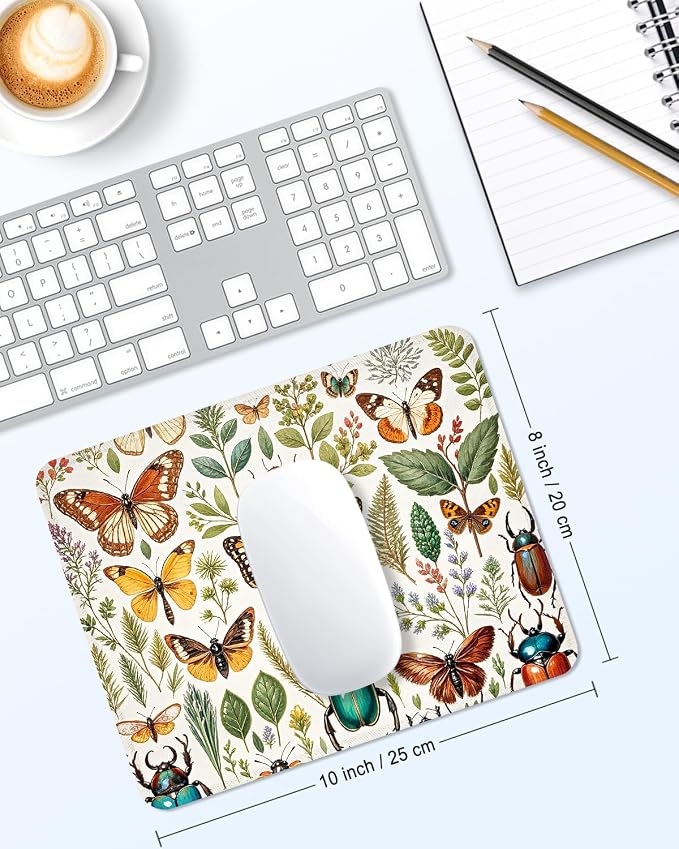 Mouse Pad, Cute Mouse Mat, 10" x 8", Flower Butterfly | Square Waterproof Gaming Computer Mat, Textured Top, Stitched Edges, Non-Slip Rubber Base for Office Home Laptop Keyboard