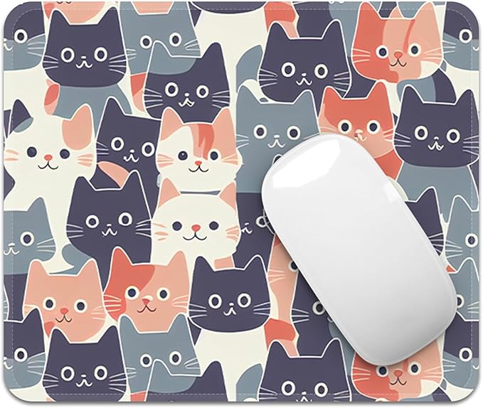 Mouse Pad with Stitched Edges - Cute Cat Mousepad for Women, 9.25 x 7.75 inch Washable Square Desk Pad, Non-Slip Rubber Base, Office Home Laptop Accessories - Meow Harmony