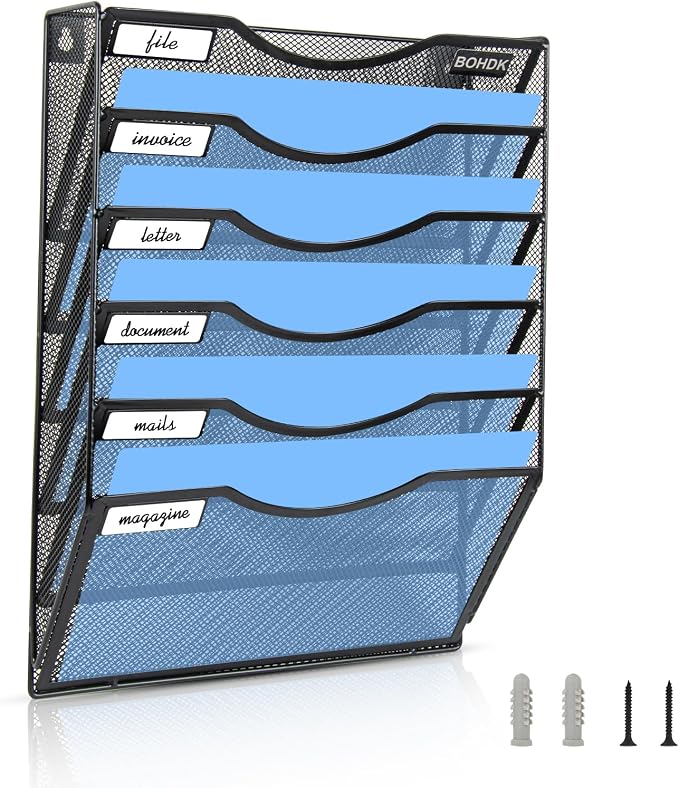 BOHDK Wall File Organizer, 6 Tier Hanging File Folder Mail Organizer, Vertical Mesh Metal Wall Mount Hanging File Holder, Paper Document Magazine Rack for Home Office Black