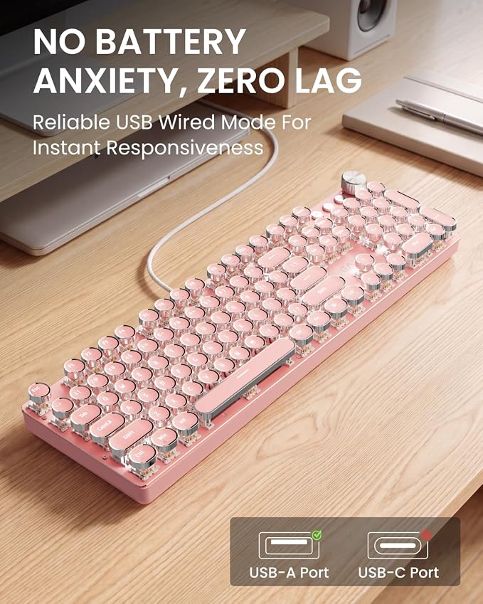 EWEADN Wired Typewriter Mechanical Keyboard, Low Noise White Switch Retro Punk Keyboard with Media Knob, White Backlit, Metal Panel, 104-Key Round Keycaps Cute Keyboard for Windows PC - Pink