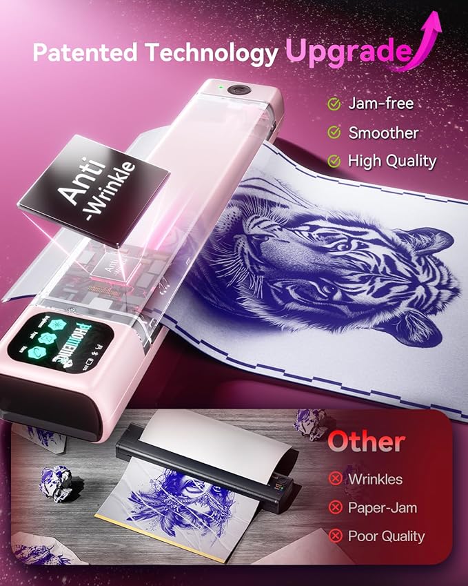 Phomemo M08F Plus Tattoo Stencil Printer with Touchscreen, Bluetooth Tattoo Printer Machine with 10pcs Transfer Paper, Compatible with Phone, Tablet, PC, Tattoo Supplies for Professionals, Pink