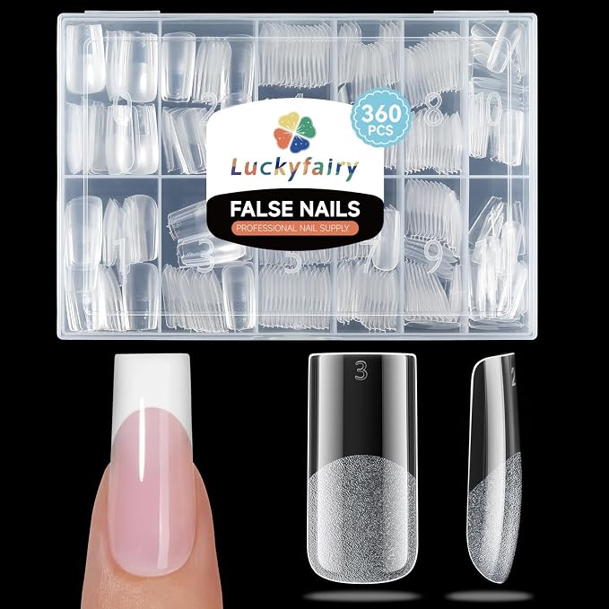Luckyfairy Medium Square Nail Tips, 360pcs Soft Gel Pre-Shaped Acrylic Fake Nails, Half Matte Full Cover Clear Gelly Press on Flase Nail Tips for Extension Nail Manicure Home DIY 12 Sizes Gelly Tips