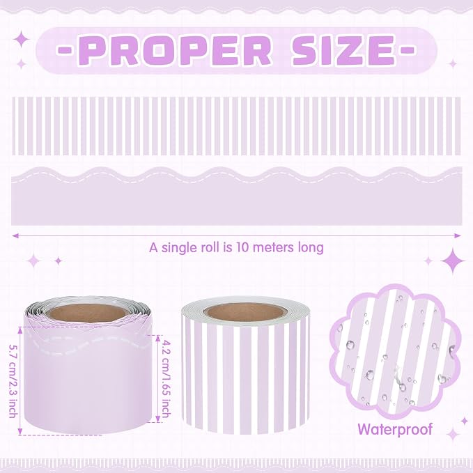 2 Rolls 65.6ft Marcaron Purple Striped Bulletin Board Borders Decoration Scalloped and Straight Edge Purple Bulletin Borders Board Trim for Office School Classroom Chalkboard Party Decoration