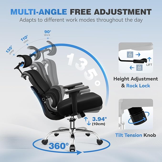 Ergonomic Office Chair, High Back Mesh Desk Chairs Comfy with Adjustable Lumbar Support, Home Computer Gaming Chair with 3D Headrest for Long Hours, 8 Pack