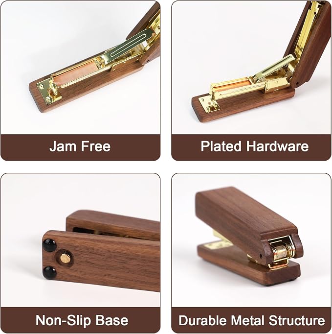 MultiBey Walnut Wood Stapler for Desk, 25 Sheet Capacity with 1000 Staples | Jam-Free Natural Woodgrain Stapler. Retro Desktop Staplers & Accessories for Office, Home & School