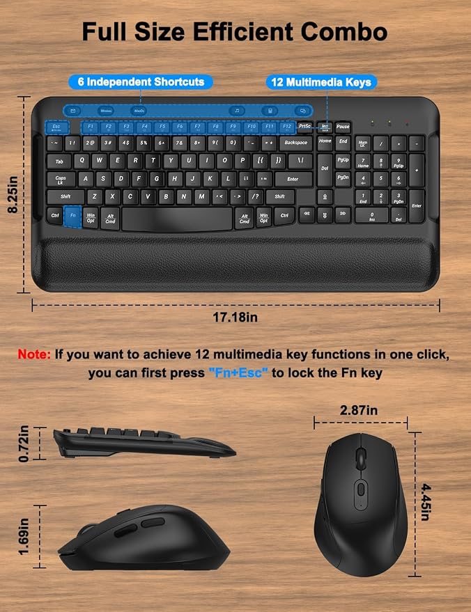 Wireless Keyboard and Mouse Combo, EDJO 2.4G Full-Sized Ergonomic Computer Keyboard with Wrist Rest and 3 Level DPI Adjustable Wireless Mouse for Windows, Mac OS Desktop/Laptop/PC, Carbon Black