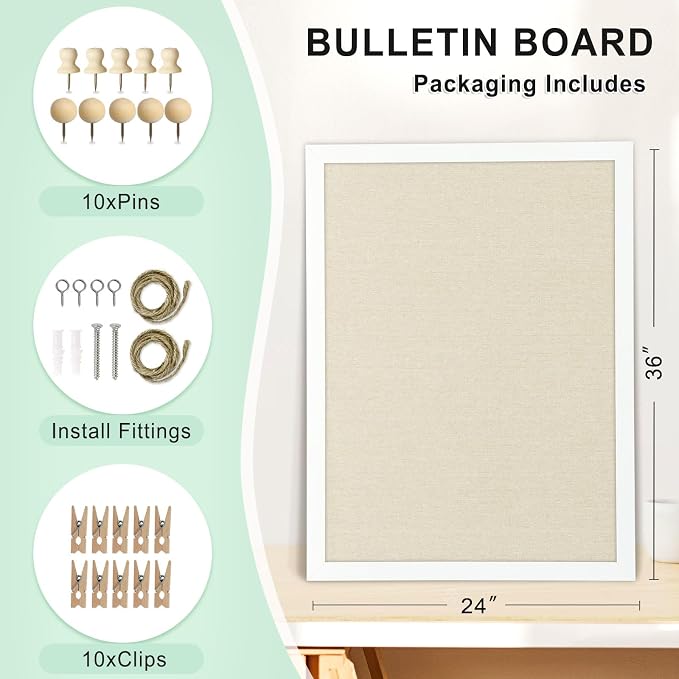 DOLLAR BOSS Double-Sided Bulletin Boards with Linen, 36"x24" Cork Board | Corkboards for Walls, Framed Pin Board, Picture Display Vision Board, For Office Home School, 20 Pushpins 10 Clips