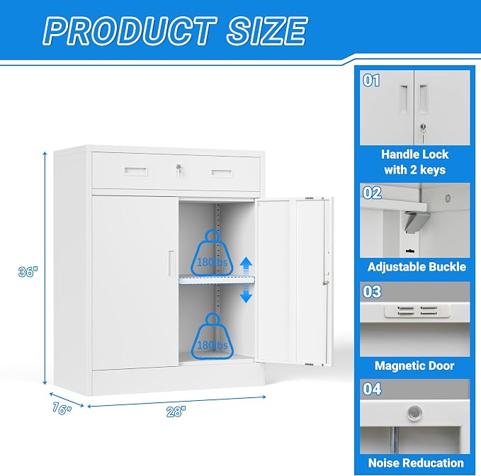 BESFUR Metal Storage Cabinet with Doors and Shelves, 36" H Locking Storage Cabinet with 1 Drawers, Reinforced Heavy Duty Metal Cabinets for Garage, Office, Home(White)