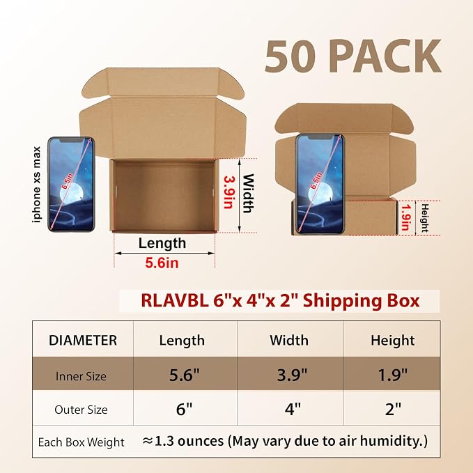 RLAVBL 6x4x2 Small Shipping Boxes Set of 50, Brown Corrugated Cardboard Box for Packing, Mailing, Business