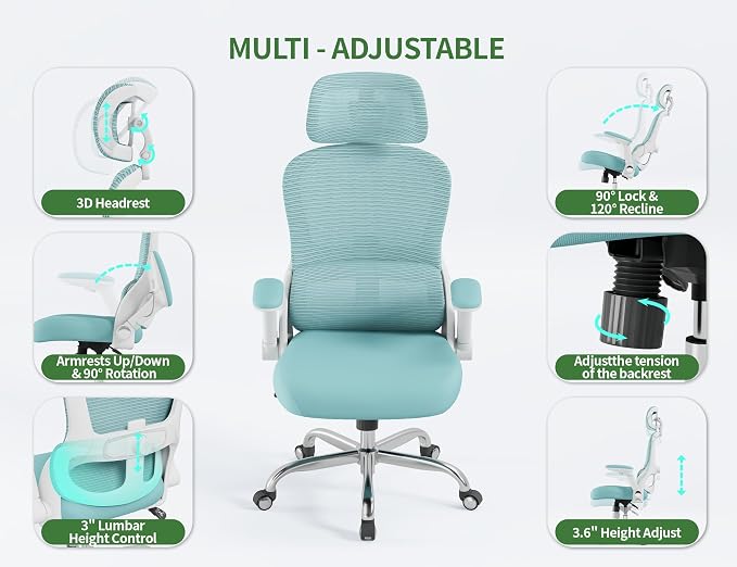 Ergonomic Office Chair: 400LBS Computer Desk Chair Comfy Lumbar & Headrest | Big and Tall Office Chair-Gaming Chairs for Adults-Executive Rolling Task Chairs for Home Work-Breathable Mesh Support(Blue)