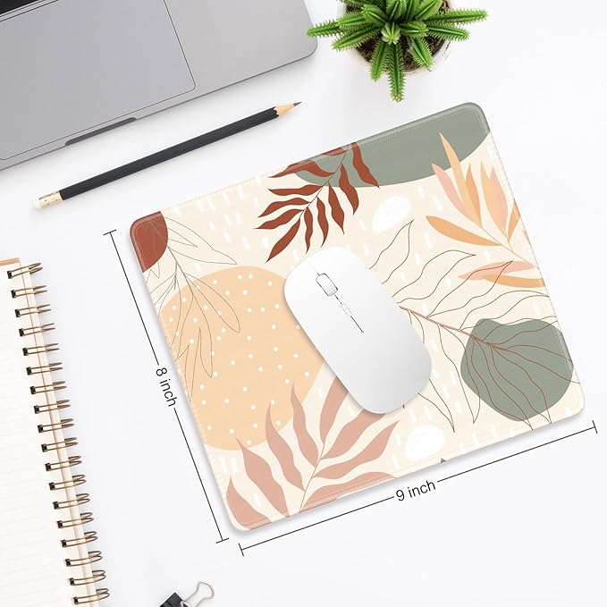 Mouse Pad, Minimalism Marble Style Computer Pad, Anti-Slip Rubber Mouse Mat with Stitched Edges for Gaming, Office, Laptop, PC, Women, 9" x 8" Thick 3 mm, Minimalist Leaves