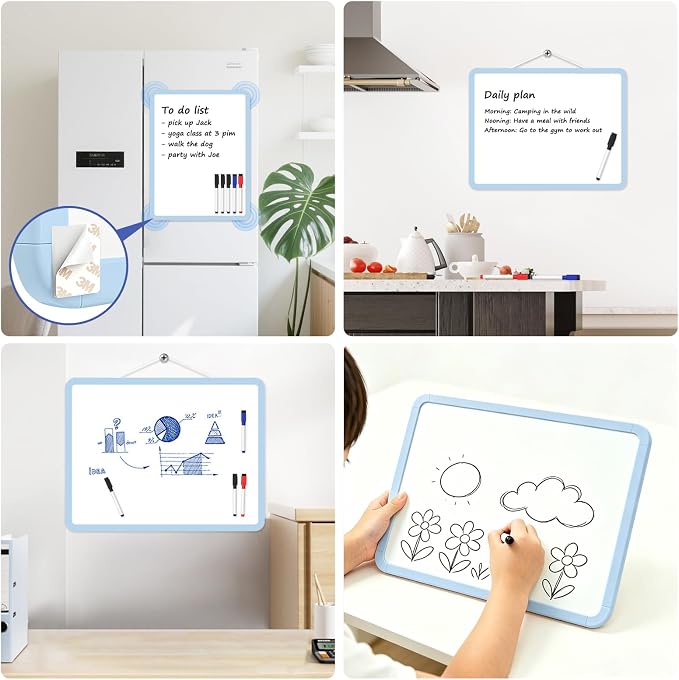 Small Wall White Board, 11" x 14" Mini Double-Sided Magnetic Dry Erase Board with Plastic Frame, Hanging Whiteboard with 5 Markers for Kids Students School Kitchen Home & Office, Blue