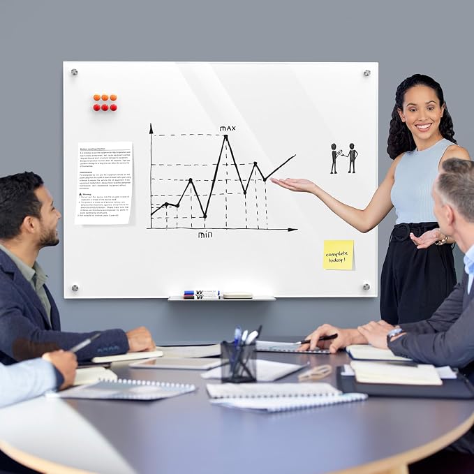 MaxGear 48" x 36" Glass Whiteboard Wall Mounted for Office Home Classroom | Magnetic Glass Dry Erase Board, Tempered Glass, Steel Backed, Non-Porous Surface, Frameless Design, Hardware Included
