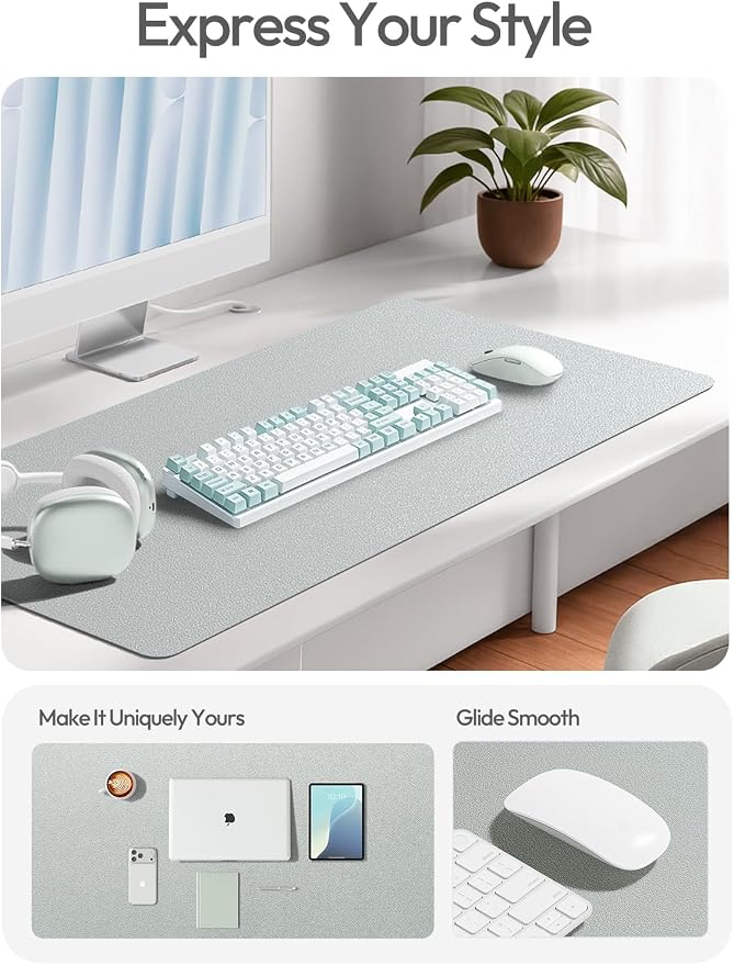 YSAGi Leather Desk Pad Protector, Office Desk Mat, Large Mouse Pad, Non-Slip PU Leather Desk Blotter, Laptop Desk Pad, Waterproof Desk Writing Pad for Office and Home (Silver, 47" x 17")